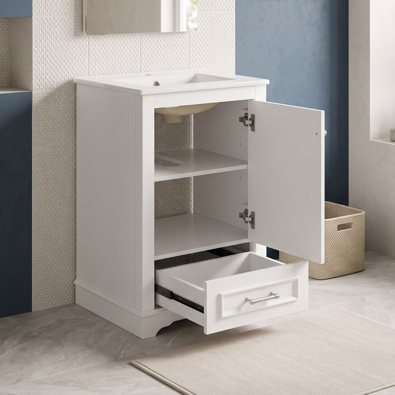 Meuble-lavabo en bois avec lavabo, tablette ajustable, tiroir et portes, White