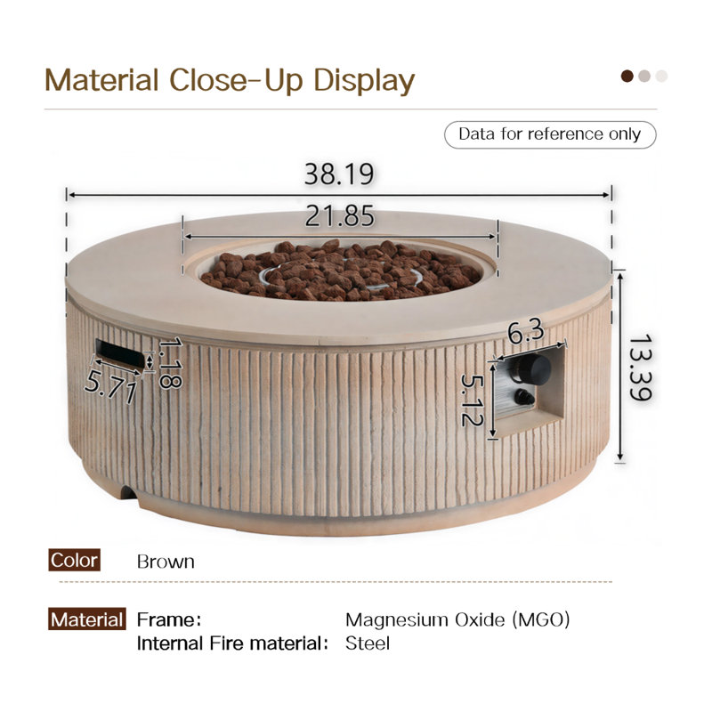 38" Round Propane Fire Pit Table With 50,000 BTU Heat, Modern MGO Outdoor Fire Bowl With Lava Rocks & Rain Cover, Brown