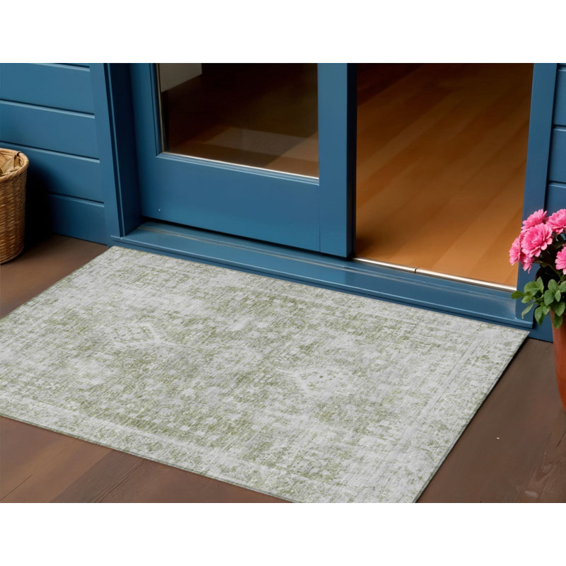 3' X 5' Artichoke Green Oriental Washable Indoor Outdoor Area Rug