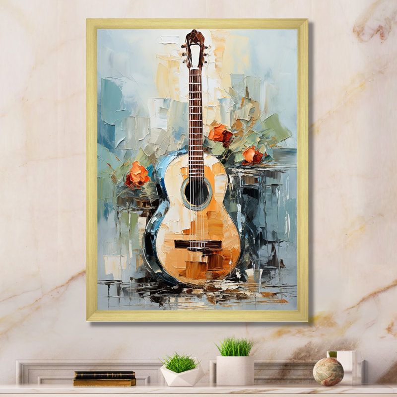 «Yellow Fluid Brown», mélodie de guitare - musique, art mural, Encadrement doré, H 32 po x l 16 po x P 1 po