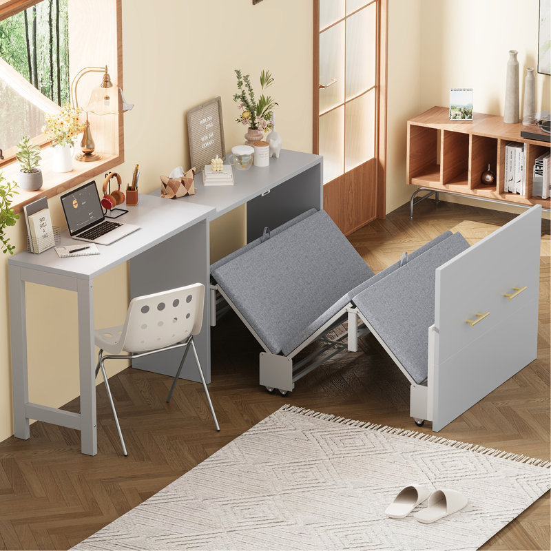 Lit simple avec bureau repositionnable et coussin pliable, élégant pour les petits espaces de vie, capacité de poids réglable de 500 lb, pièces élégantes intégrées, capacité de charge