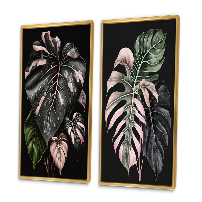 Rose et blanc feuille de philodendron I - ensemble d'art mural floral de 2 pièces, Encadrement doré, H 32 po x l 32 po