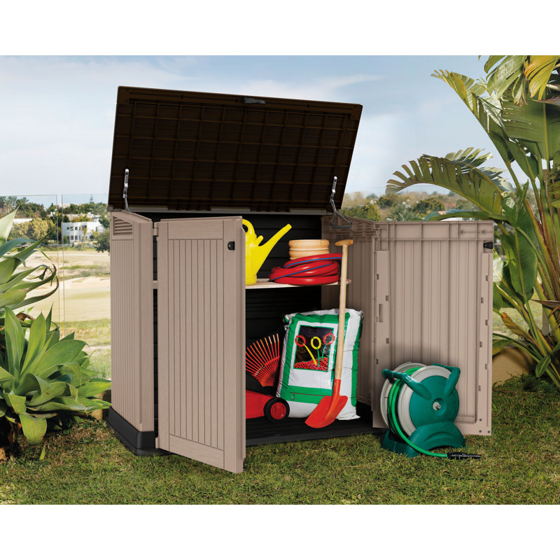Keter Store-It-Out MIDI 4.3x3.7 ft. Durable Resin Outdoor Storage Shed With Floor and Double Doors for Garden Patio Furniture and Tools, Brown