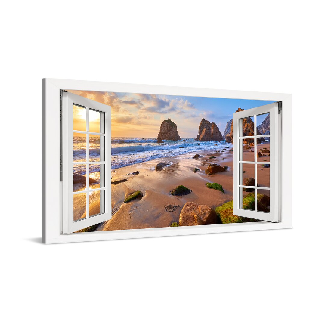 Leinwandbild Sea Beach With Rocks Window Xcm – Premium Leinwanddruck – Kunstdruck Auf Cm Holz-Keilrahmen Für Schlaf- Und...