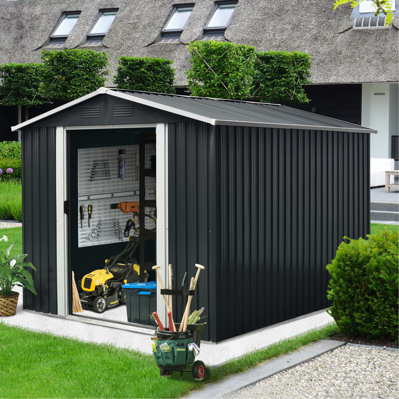 8Ft X 10Ft Outdoor Metal Shed, Black - Galvanized Iron Construction For Stability, Punched Vents Proper Air Circulation, Sliding Doors With Padlock, Easy Assembly Process Shed Long-Term Durability,