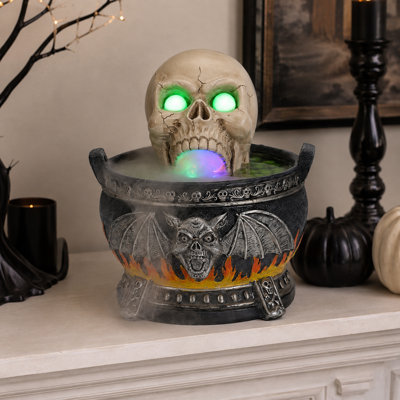 Halloween Cauldron Fog Skull Statue, LED Glowing Eyes Mist Maker Decor, Spooky Witch Pot Tabletop Party Ornament