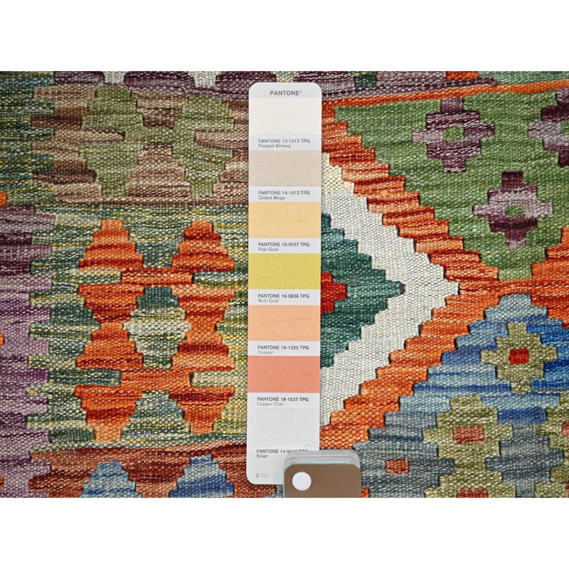Tapis oriental 3 pi 6 po x 5 pi 2 po orange brûlé, kilim afghan avec motif géométrique coloré, tissage à plat, colorants végétaux, laine pure, tissé à la main, réversible
