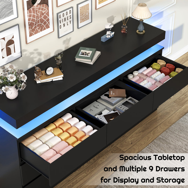 9-Drawer Modern Storage Dresser With Led Lighting, Wide Chest Of Drawers For Bedroom, Living Room & Entryway Organization