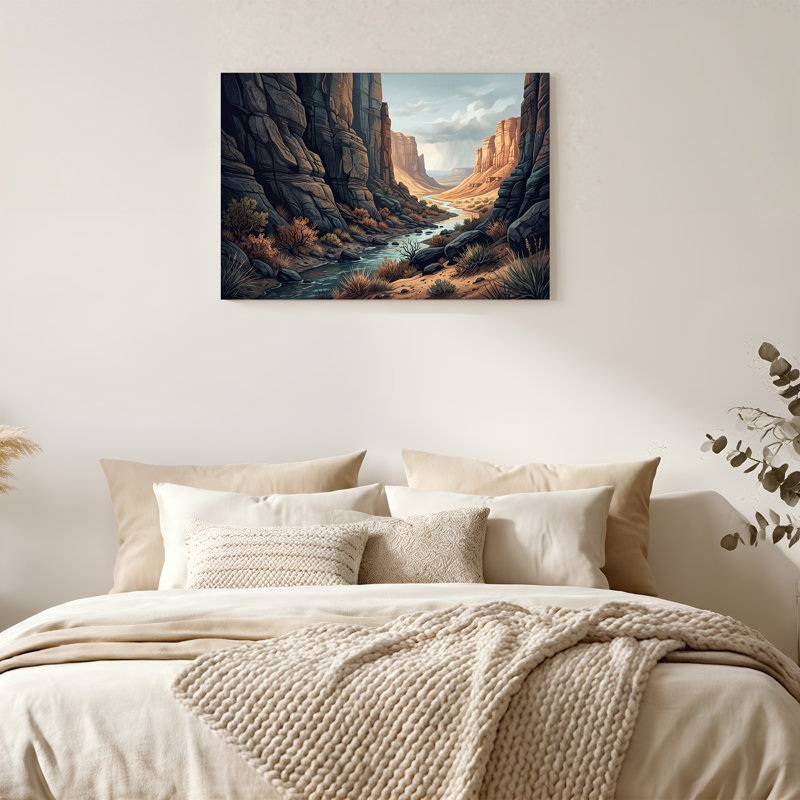 " Canyon River Scene With Tall Rock Walls And Desert Bushes " Painting Print, 32"H x 48"W