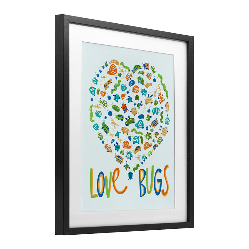 «Love Bugs» en forme de cœur, reproduction sous verre, conception de Connie Summers, H 16 po x l 13 po, Cadre noir minuit