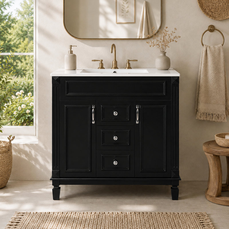 Meuble-lavabo moderne en bois avec lavabo en céramique, Noir