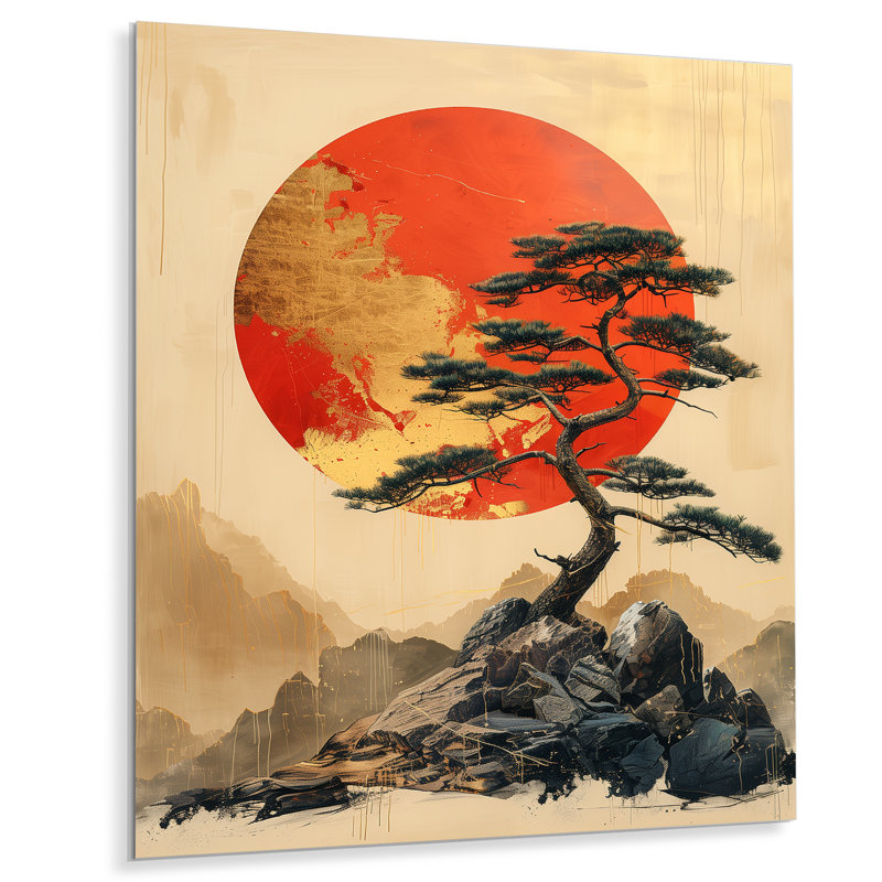 Décoration de coucher de soleil Bonsai doré orange - Japon I, Sans cadre, métal, H 34 po x l 44 po