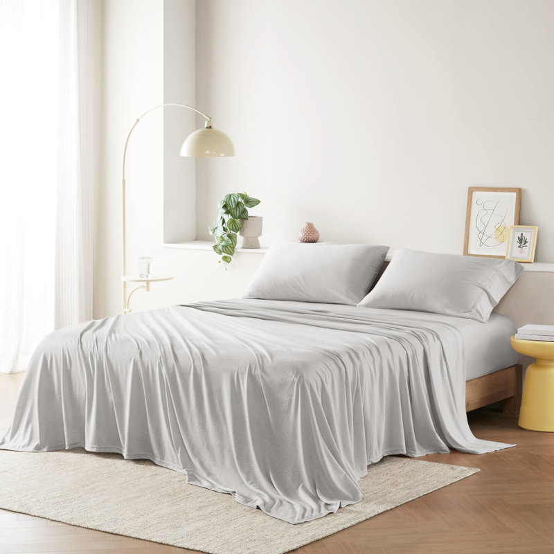 Draps pour lit très grand 50% coton, Ensemble de draps pour très grand lit avec 2 taie, Gris
