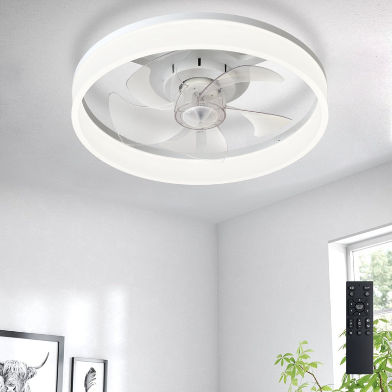 Ventilateur de plafond encastré blanc 16 po avec éclairage, profil bas, application et télécommande, moteur à courant continu silencieux à 6 vitesses, DEL à intensité variable pour la chambre à coucher