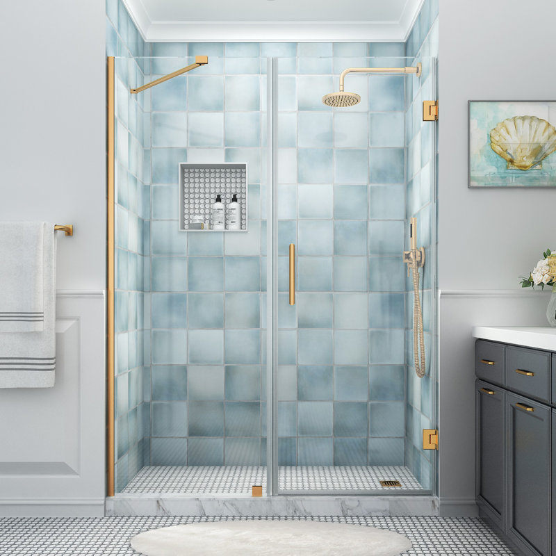 Belmore XL 59.25 - 60.25 in. W x 80 in. H Frameless Hinged Shower Door, Brushed Gold, Clear Glass