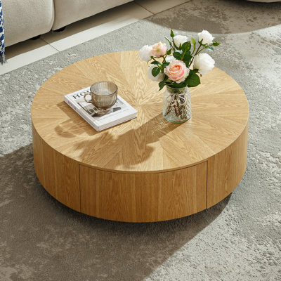 35.4" Round Natural Oak Coffee Table with Hidden Storage, Handcrafted Wood Grain Top, Minimalist Design with 2 Drawers