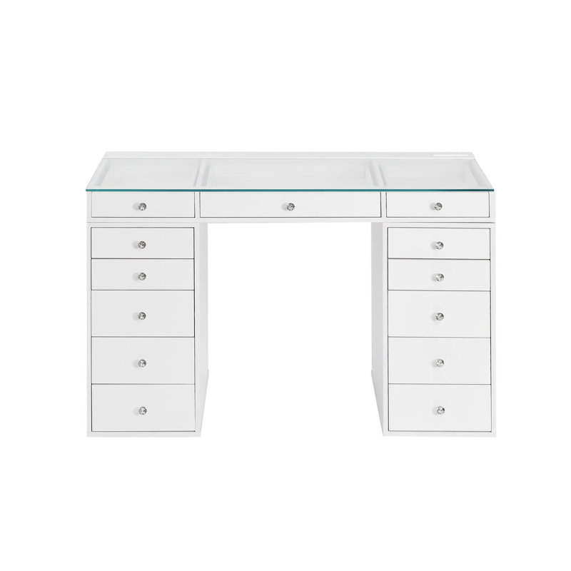 Coiffeuse Slaystation Plus 2.0, 13 tiroirs avec boutons en faux cristal luxueux et plateau en verre transparent