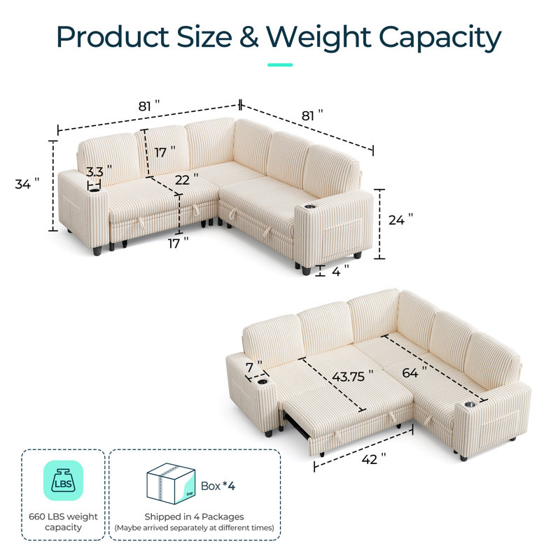 Canapé modulaire rembourré de 81 po avec canapé-lit, méridienne de rangement, porte-gobelet USB et porte-gobelets Sherry