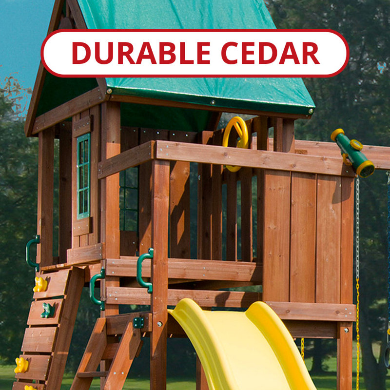 Altamont Wooden Swing Set with Slide, Swings and Climbing Wall