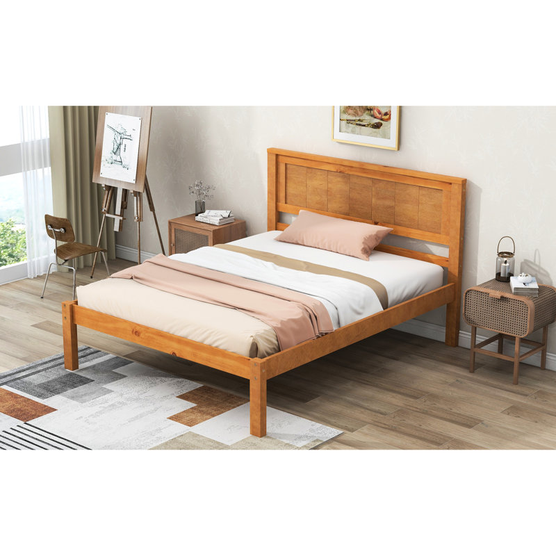 Base de lit plateforme simple avec tête de lit, support en lattes de bois massif, sans sommier, base en chêne