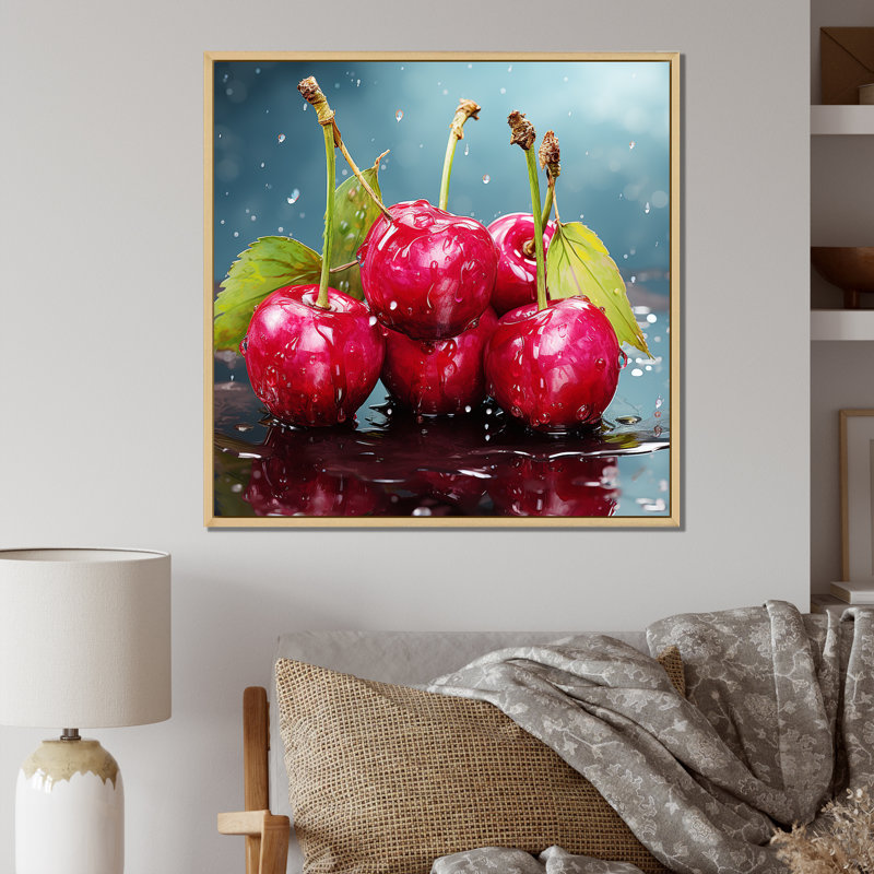 Cherry Eclipse 1 - Art mural cerise, Cadre flottant brun, H 16 po x l 16 po x P 1 po