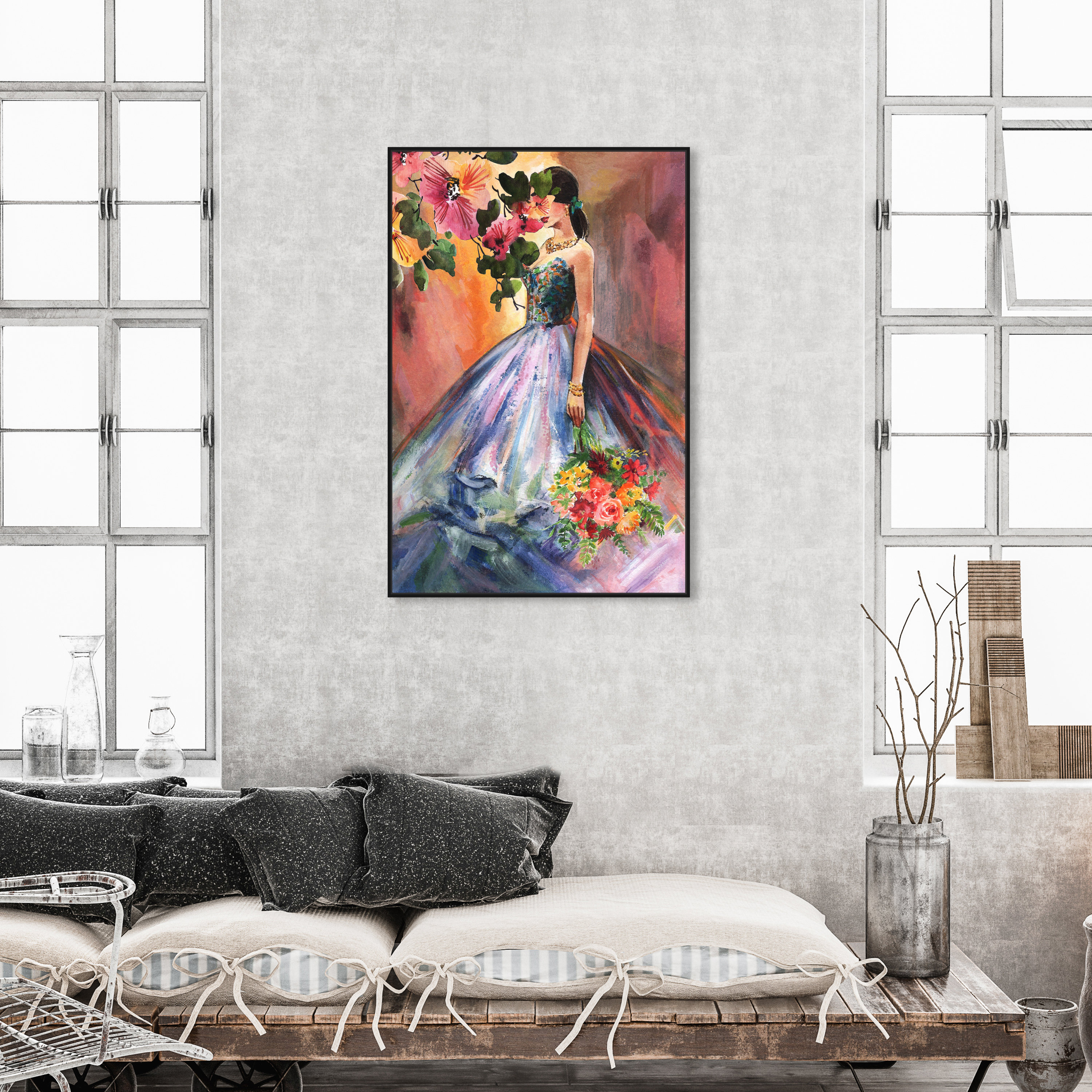ORIGINAL Art Abstract Figurative Painting Woman Blue Dress Wall Decor –  Contemporary Art by Christine
