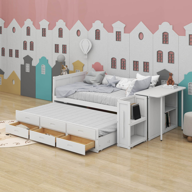 Twin Multifunctional Wood Platform Bed With Desk And Storage Shelf, White