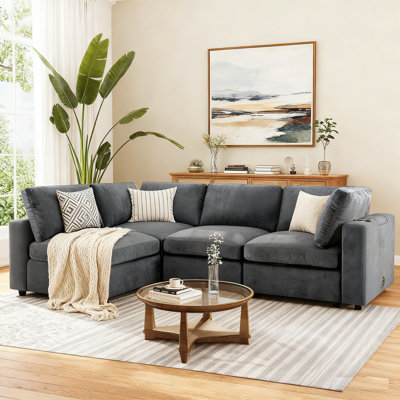 Canapé modulaire rembourré avec espace de rangement, canapé-lit rembourré confortable à 4 places avec chargement sans fil et haut-parleur Bluetooth intégré