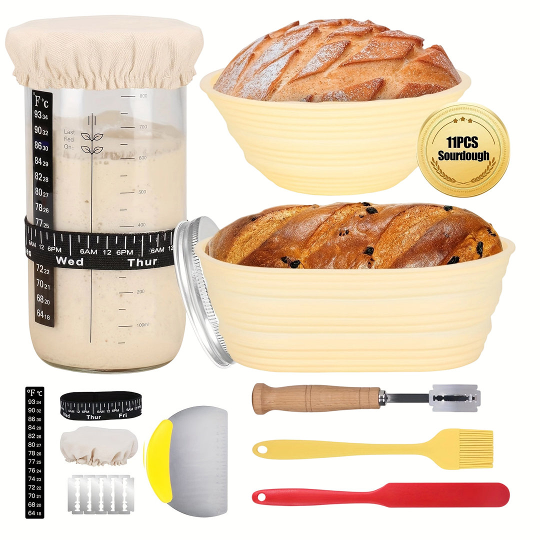 Sourdough Starter Kit with 10in Oval Bread Proofing Baskets