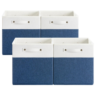13 bacs de rangement en lin fin avec poignées 13 po x 13 po ， Boîtes cubiques en tissu ， Organisateurs de panier pour tablettes pour la maison, tiroirs de garde-robe (blanc / bleu - ensemble de 4)