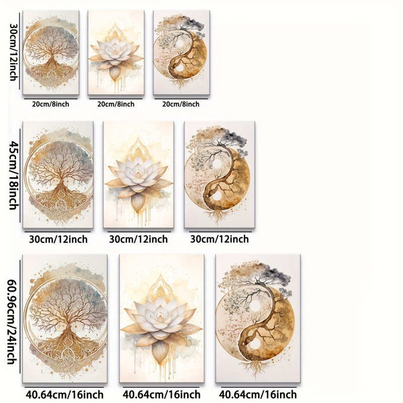 Impression sur toile 8 pièces Boho Spiritual Lotus - Calm Living Space, 36 * 24 pouces 3 pièces