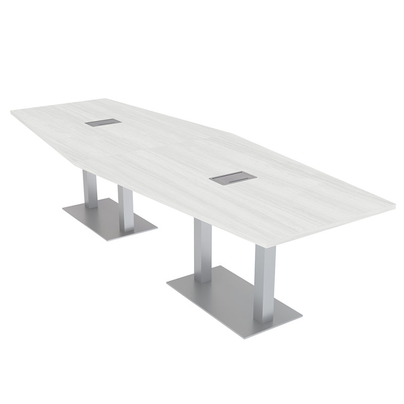 Hexagon Shaped Conference Table With Power And Data, Silver, White Cypress , 144" L x 48" W