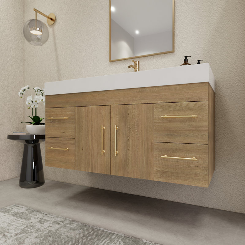 47.2" Wall-Mounted Single Bathroom Vanity Set with Drawers and Doors, Oak