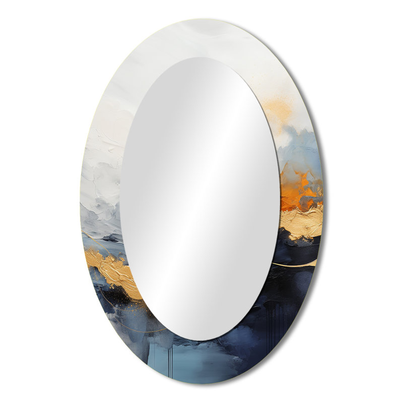Peinture fluide bleue et jaune - Miroir décoratif abstrait ovale sur métal, 36 po x 24 po