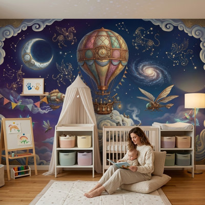 Papier peint montgolfière, ciel nocturne et constellations