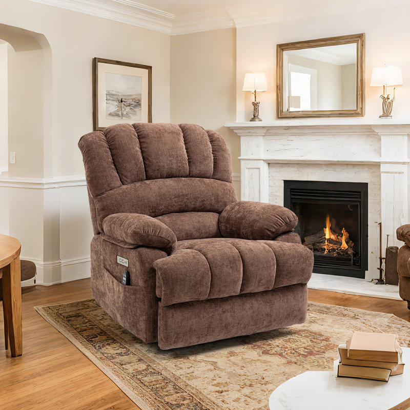 Emalina High Back Large Size Power Lift Assist Recliner with Heat, Massage, Brown Chenille