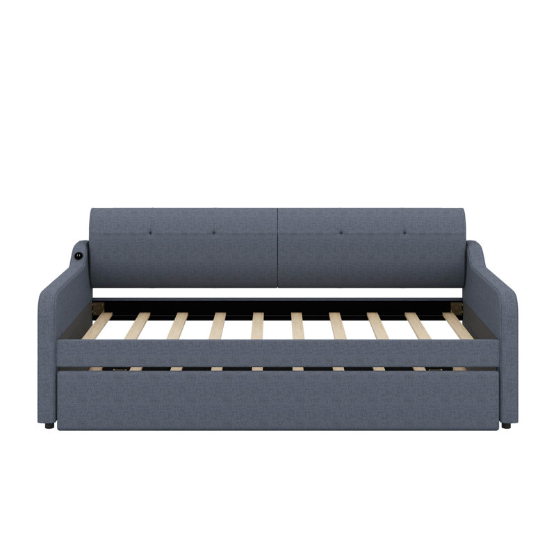 Twin Upholstery Daybed With Trundle And USB, Gray