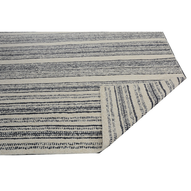 Tapis rayé en laine noué à la main Nomad noir / ivoire, Rectangle 9 pi x 12 pi