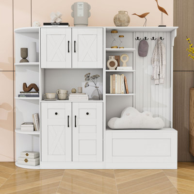 Hall Tree with Storage Cabinet, Bench and Hooks