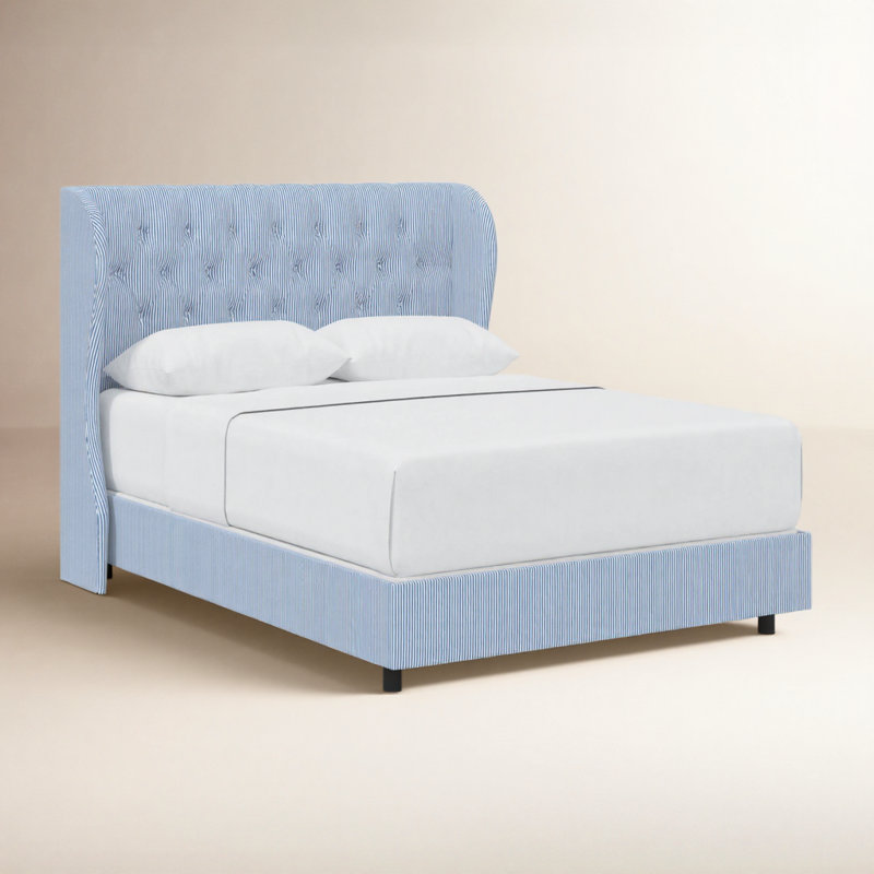 Tomey Upholstered Wingback Bed, California King, Prep Stripe Blue
