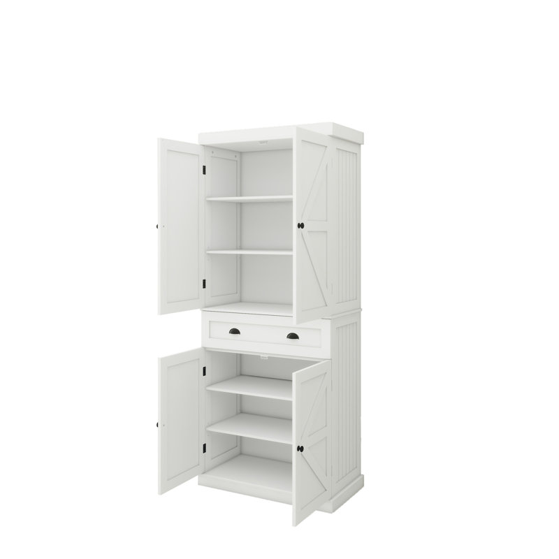 Armoire de cuisine 71 po en blanc. 4 portes, tiroir, 2 tablettes réglables. Améliore l'espace de rangement pour la salle à manger, le salon, les espaces de lavage pour la lessive. Design élégant, grand volume, peint, stable