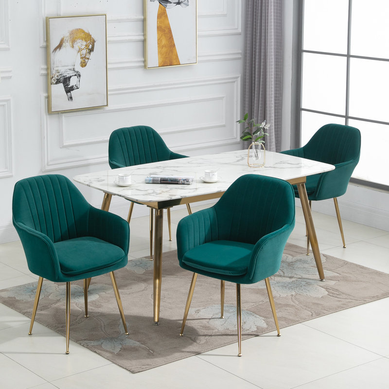 Green Velvet Upholstered Arm Chair with Gold Metal Legs, Set of 4