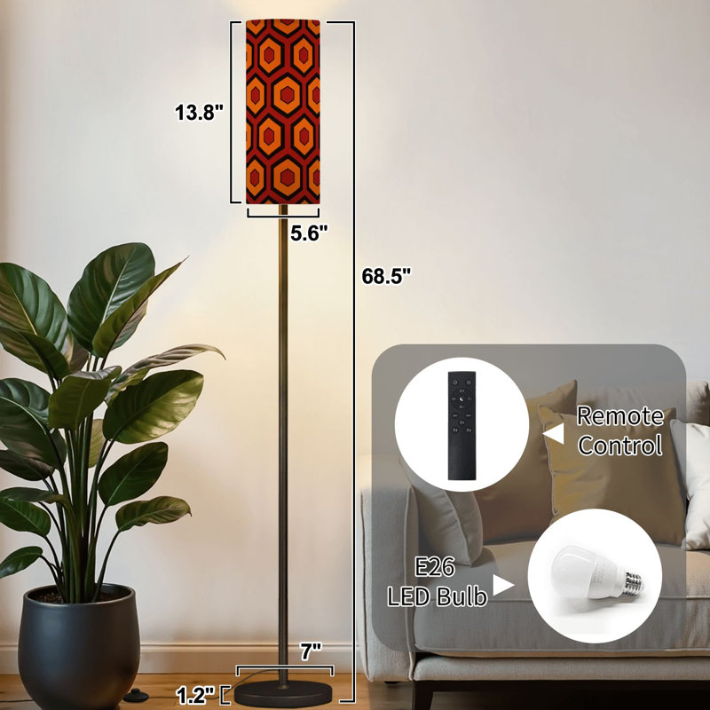 Lampe sur pied à motif hexagonal abstrait géométrique sans soudure surplombant une lampe sur pied à intensité variable avec télécommande et pédale avec abat-jour
