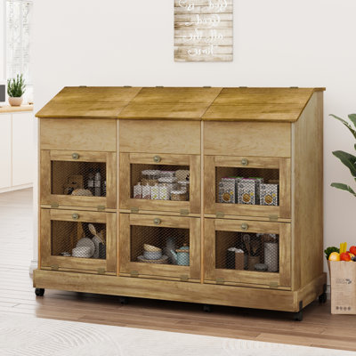 Boîte de rangement pour pommes de terre, armoires de rangement pour pommes de terre et oignons en bois de ferme, boîte de rangement à 3 niveaux pour légumes, boîte à pain mobile avec couvercle rustique et roulettes (paquet de 3 rustique)
