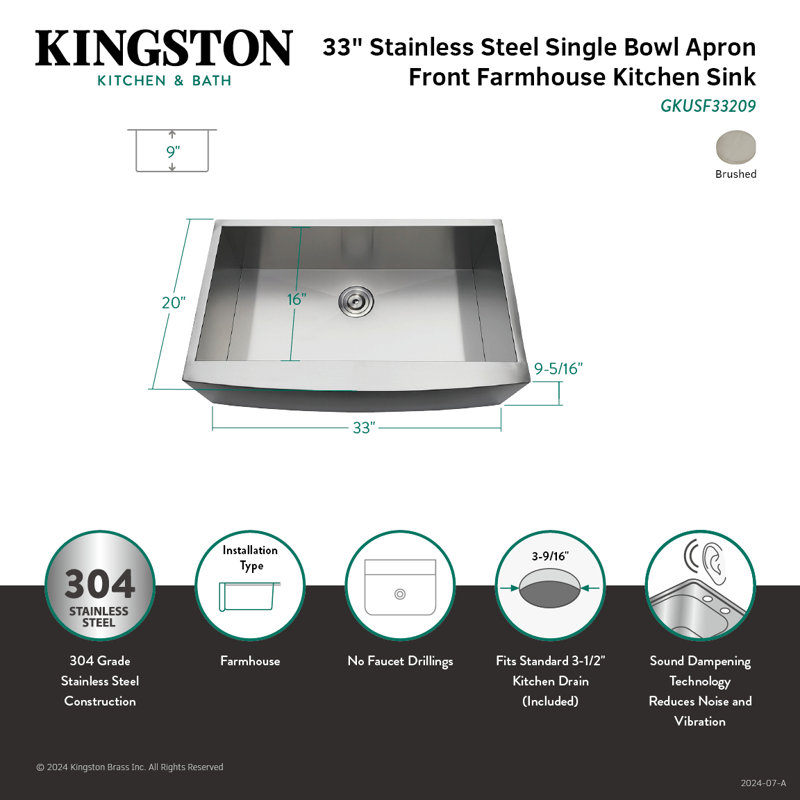 Kingston Brass Uptowne 33-Inch Stainless Steel Apron-Front Single Bowl Farmhouse Kitchen Sink