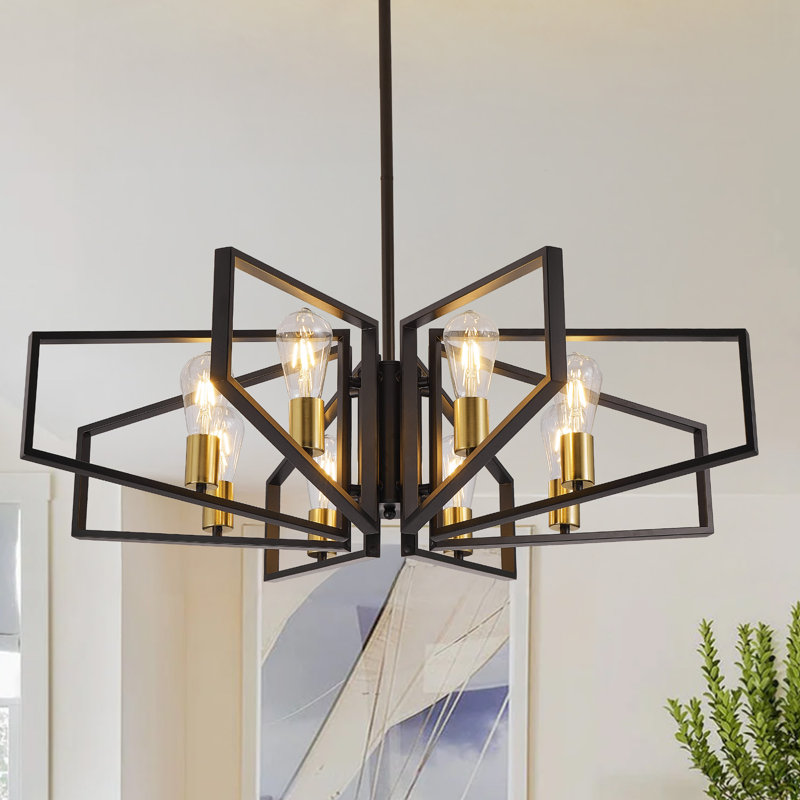 8 - Light Dimmable Geometric Chandelier, Black/Gold, 10.62" H x 35.43" W x 35.43" D
