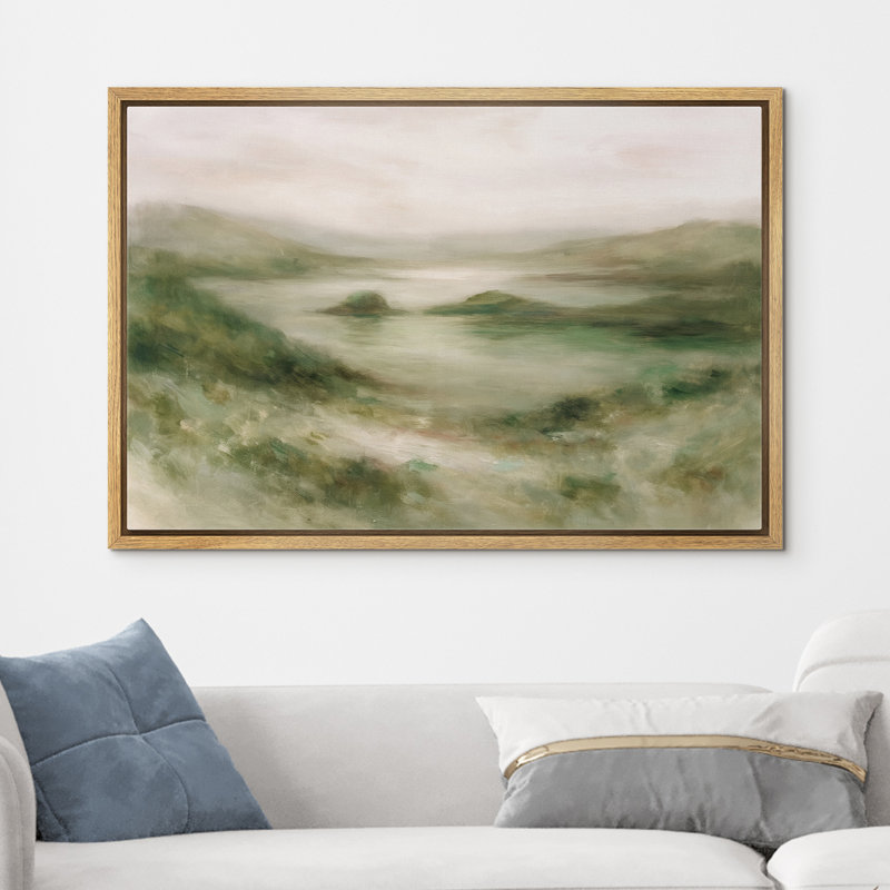 Douce colline verte surplombant un lac tranquille, reproduction d'art sur toile encadrée dans la chambre principale, Naturel