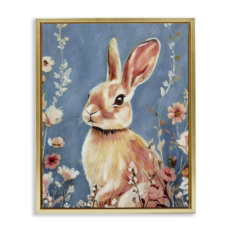 Lapin fantaisiste sur cadre flottant bleu, design par Sara Culpepper, Cadre flottant métallique doré, H 31 po x l 25 po