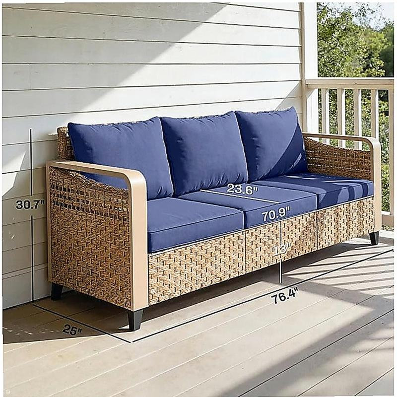 Outdoor Patio Sofa,Garden Rattan Wicker Sofa, Dark Blue/Brown
