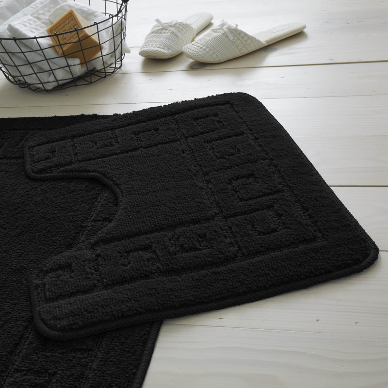 2 Piece Bathroom Rug Set Greek Key Pattern Bath Mat & Pedestal Mat Non Slip Rubber Back Soft Absorbent Mats, Black